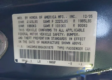 2006 Honda Accord 2.4 Se z USA, uszkodzony, nr VIN 1HGCM56386A061875
